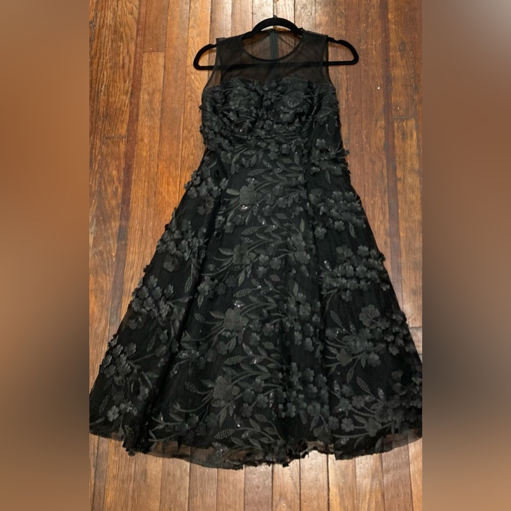 PARK108 M124X Black couture floral appliqué midi dress